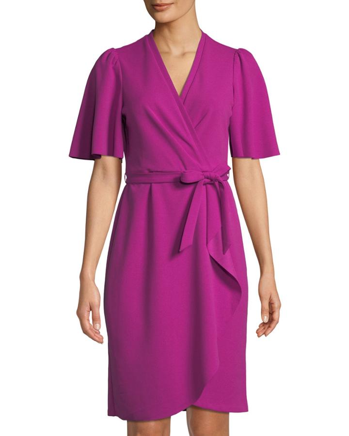 Flutter-sleeve Crepe Faux-wrap Dress