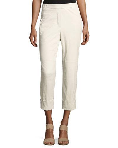 Flat-front Cropped Leather Pants, Off White