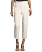 Flat-front Cropped Leather Pants, Off White