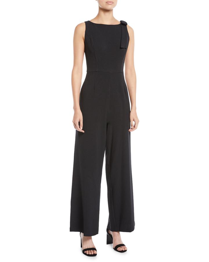 Velvet Crewneck Shoulder-bow Jumpsuit