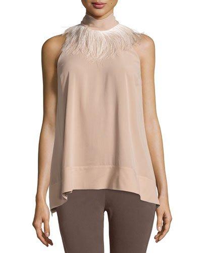 Feather-trim Sleeveless Blouse, Peanut