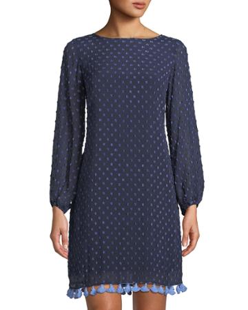 Swiss Dot Long-sleeve Sheath Dress W/ Tassel Hem