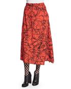 Scribble-print Flared Skirt, Crimson/black