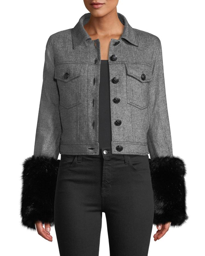Burke Herringbone Jacket W/ Faux-fur Cuffs