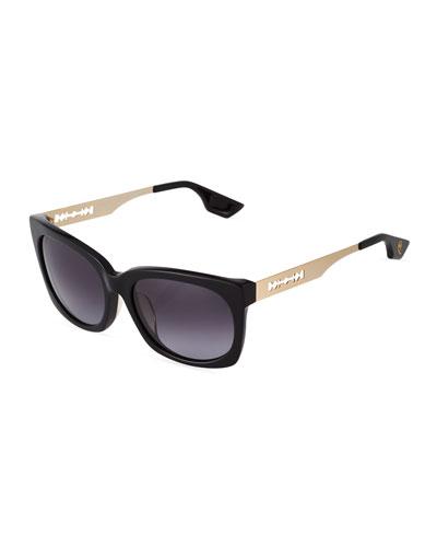 Modified Rectangle Acetate & Metal Combo Sunglasses, Black/gold