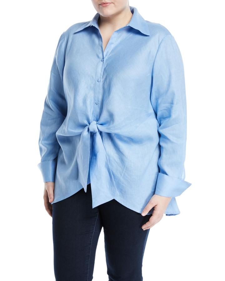 Tie-front Button-front Linen Blouse,