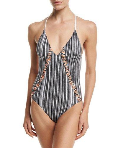 Whipstitch-trim One-piece Swimsuit, White/black