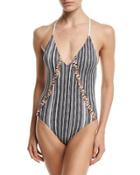 Whipstitch-trim One-piece Swimsuit, White/black