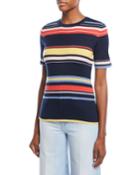 Crewneck Short-sleeve Striped Rib-knit Top
