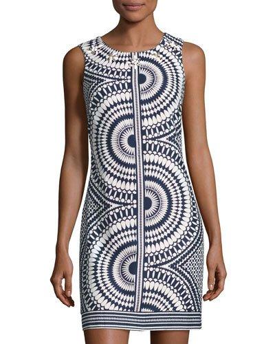 Geometric-print Stretch-cotton Sheath Dress, Blue/white