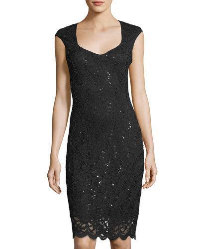 Sequin Floral Lace Cap-sleeve Cocktail Dress