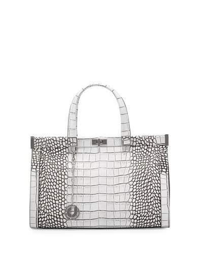 Odessa Crocodile-embossed Leather Satchel Bag, Black/white