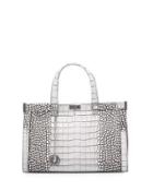 Odessa Crocodile-embossed Leather Satchel Bag, Black/white