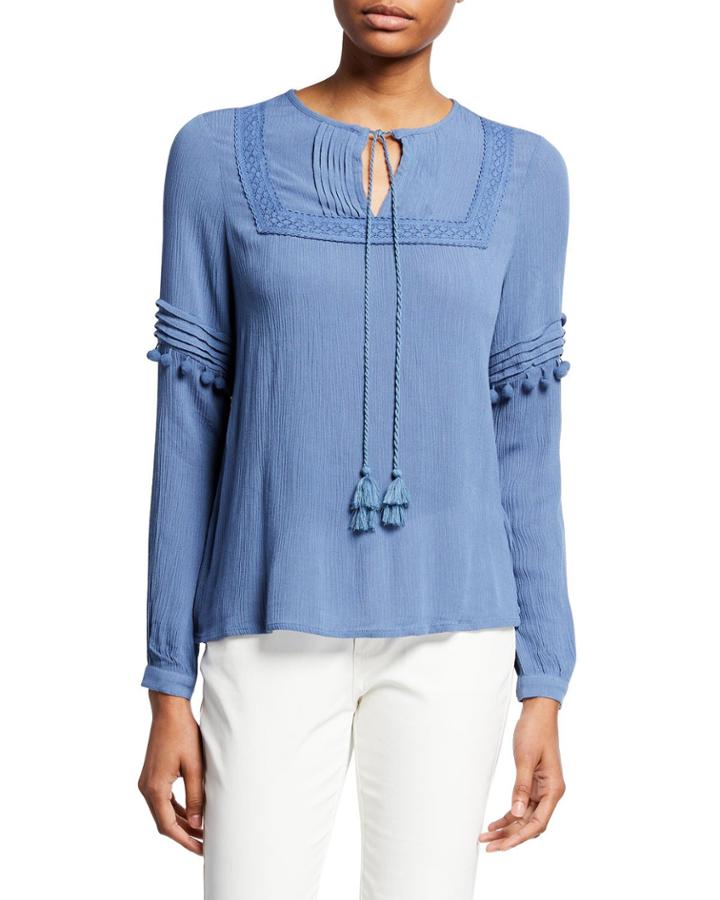 Tassel-tie-neck Long Sleeve Pompom Top