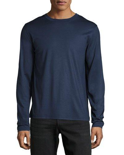 Silk-cotton Long-sleeve Crewneck Tee, Blue