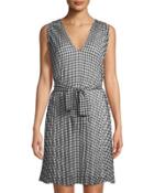 V-neck A-line Belted Gingham Dress
