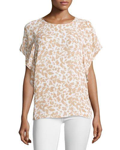 Animal-print Flutter-sleeve Blouse, Dark Camel