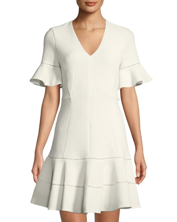 Textured V-neck Flounce Dress