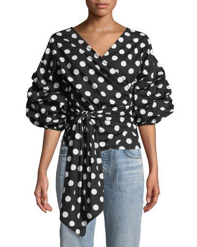 Balloon-sleeve Polka-dot Wrap Blouse