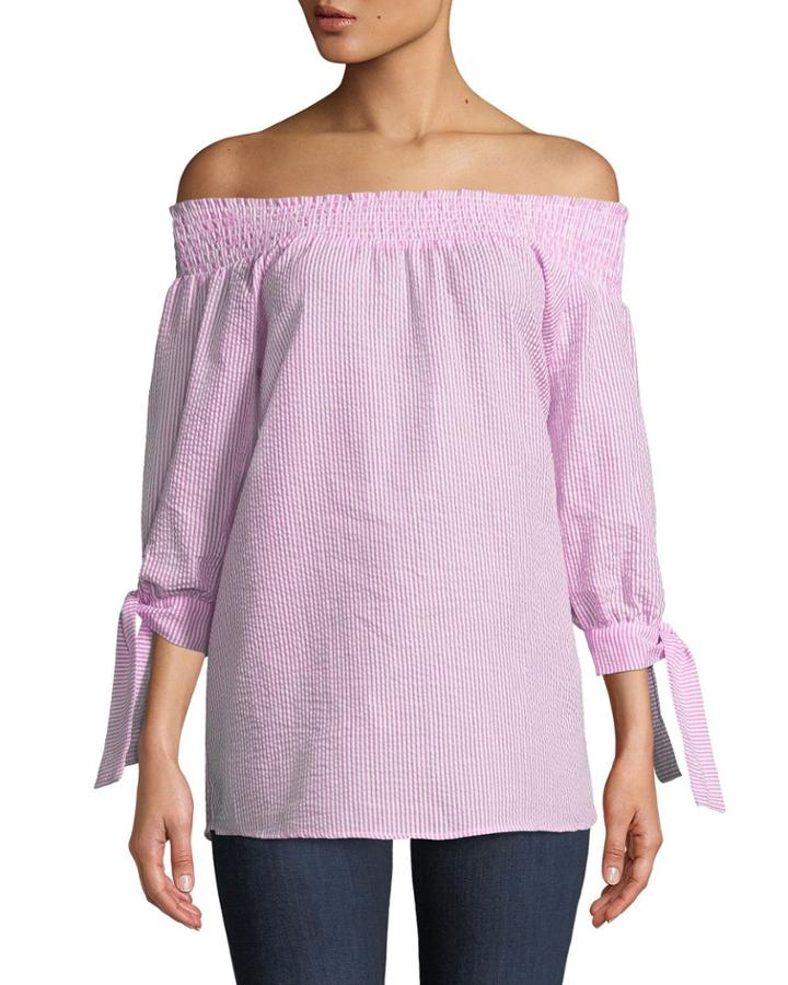 Off-the-shoulder Striped Seersucker Blouse