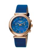 Women's 36mm Stainless Steel Day/date Watch With Leather Strap, Rose/blue