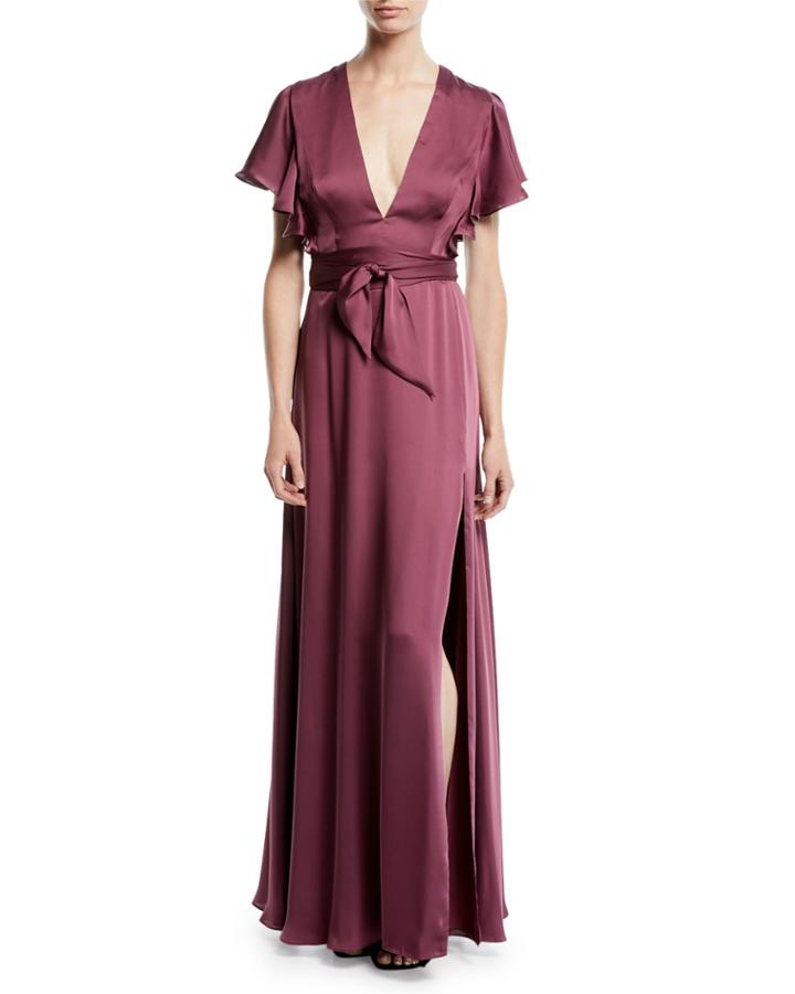 Ruffle-sleeve Deep V-neck