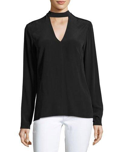 London High-neck Silk Blouse, Black