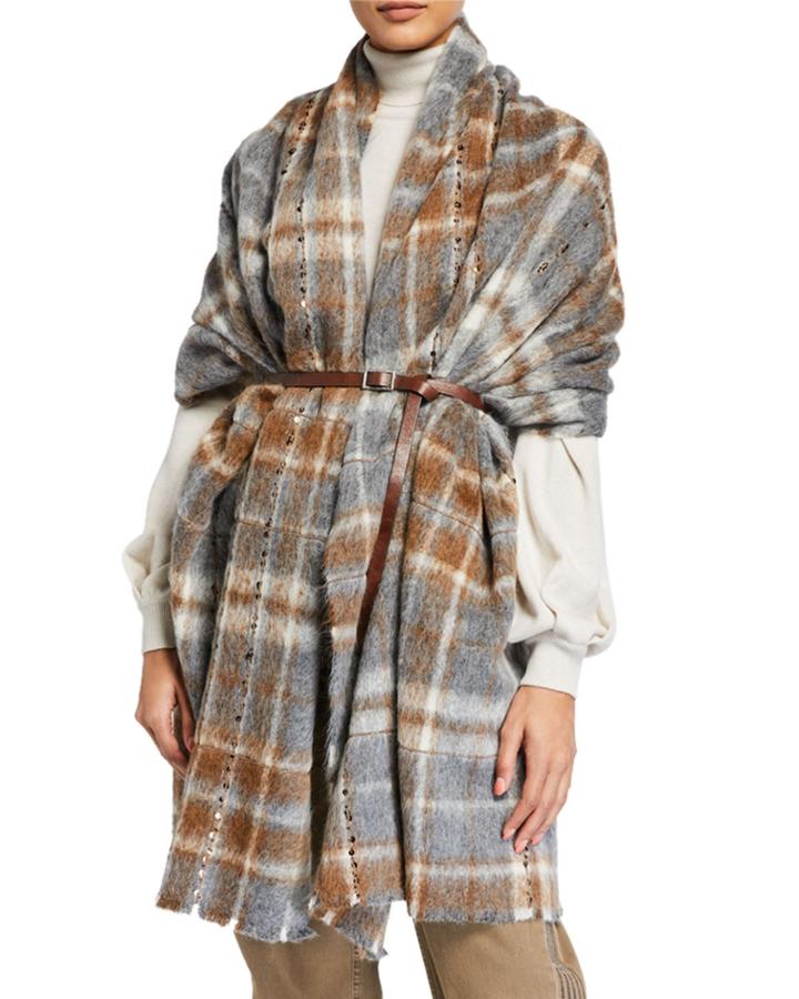 Blanket Plaid Cape W/ Leather Belt And Paillettes