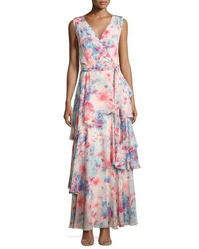 Floral-chiffon Sleeveless Gown, Pink Pattern