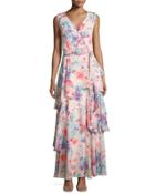 Floral-chiffon Sleeveless Gown, Pink Pattern