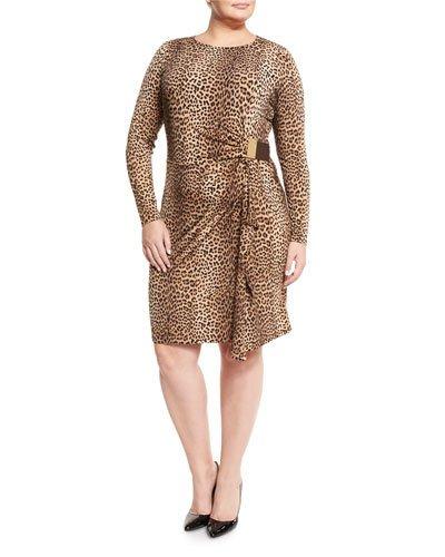 Logo-plate Long-sleeve Leopard-print Dress, Caramel,