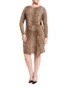 Logo-plate Long-sleeve Leopard-print Dress, Caramel,