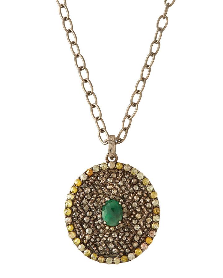 Round Diamond & Emerald Pendant Necklace