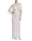 Lace Column Gown W/ Chiffon Capelet