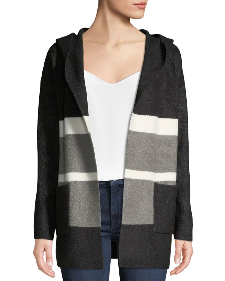 Hooded Striped Open-front Cardigan