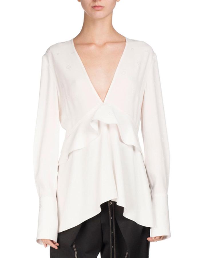V-neck Ruffle-trim Blouse, White