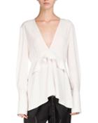 V-neck Ruffle-trim Blouse, White