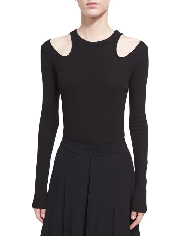 Cold-shoulder Long-sleeve T-shirt, Black