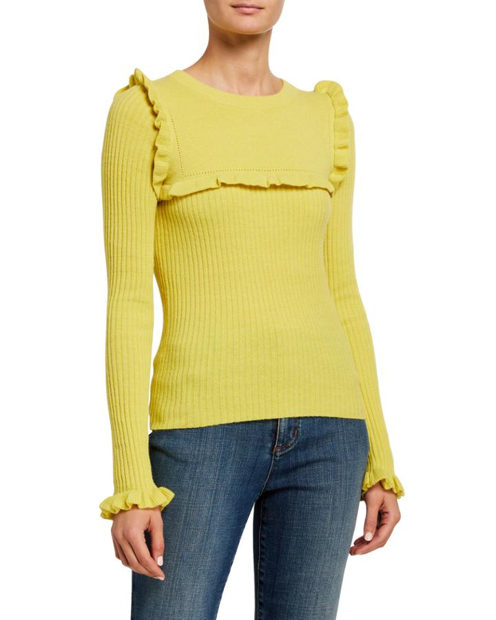 Crewneck Fitted Ribbed Alpaca-blend Sweater W/ Ruffled Trim