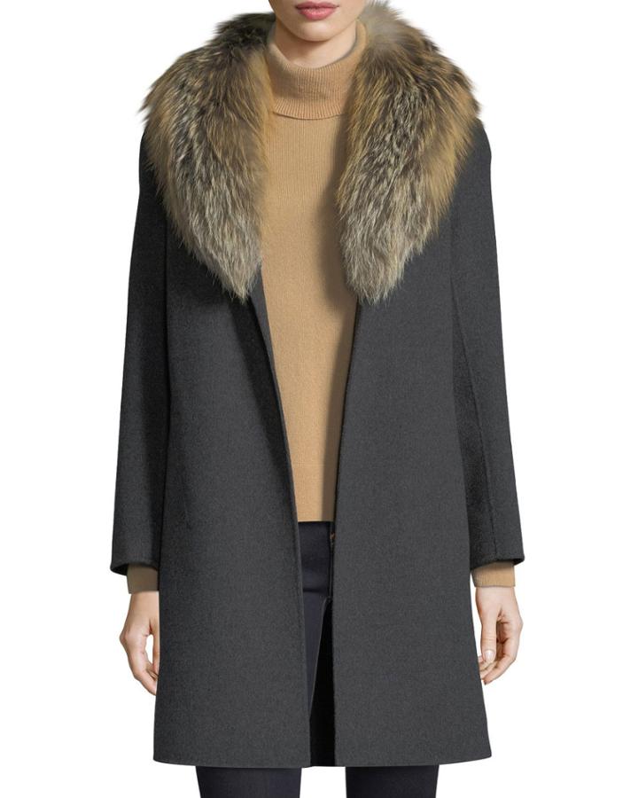 Luxury Double-face Cashmere Coat W/ Fox Fur Collar