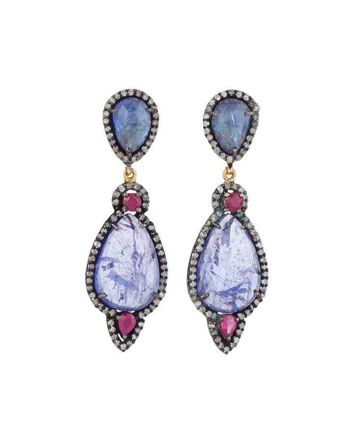 Tanzanite, Ruby & Diamond Drop Earrings