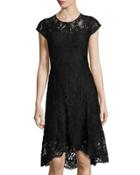 Cap-sleeve Lace-overlay Dress, Black