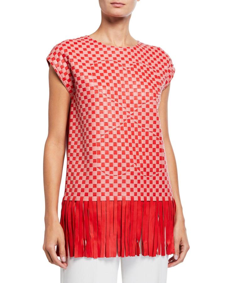 Cap-sleeve Lamb Napa Leather Top With Fringe Bottom