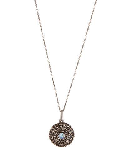 Rainbow Moonstone & Champagne Diamond Round Pendant Necklace
