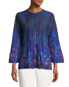 Printed Zip-front Bell-sleeve Blouse
