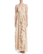 Sleeveless Floral Lace Ruffle Gown, Peach