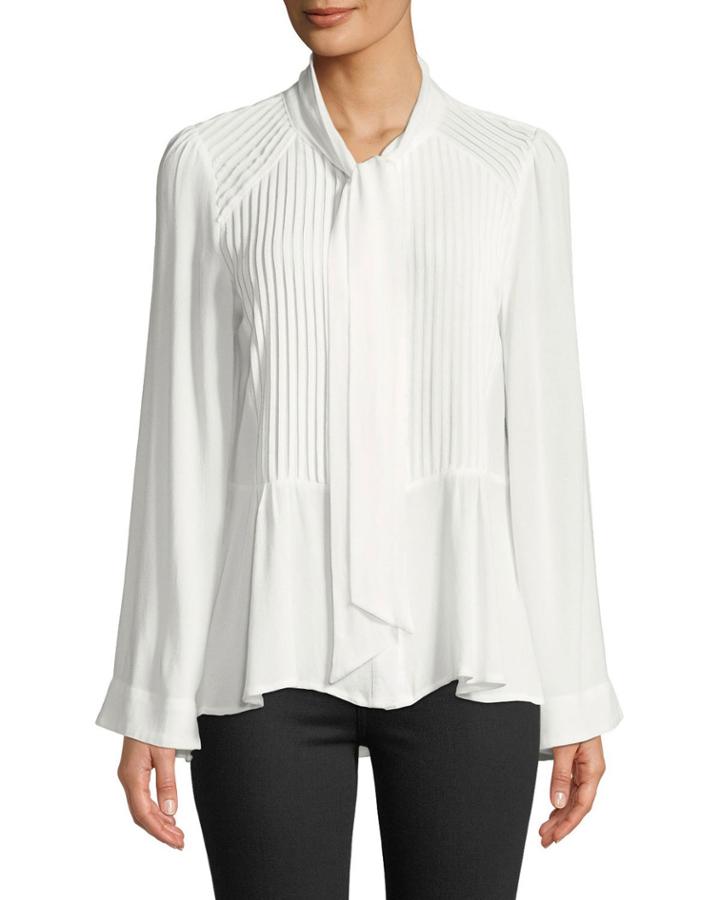 Pleated Tie-neck Flare-sleeve Blouse