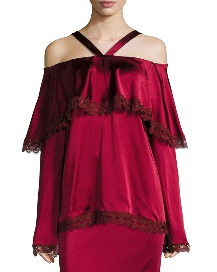 Long-sleeve Off-the-shoulder Sateen Blouse W/