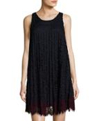 Sleeveless Pleated Lace Shift Dress, Blue/wine
