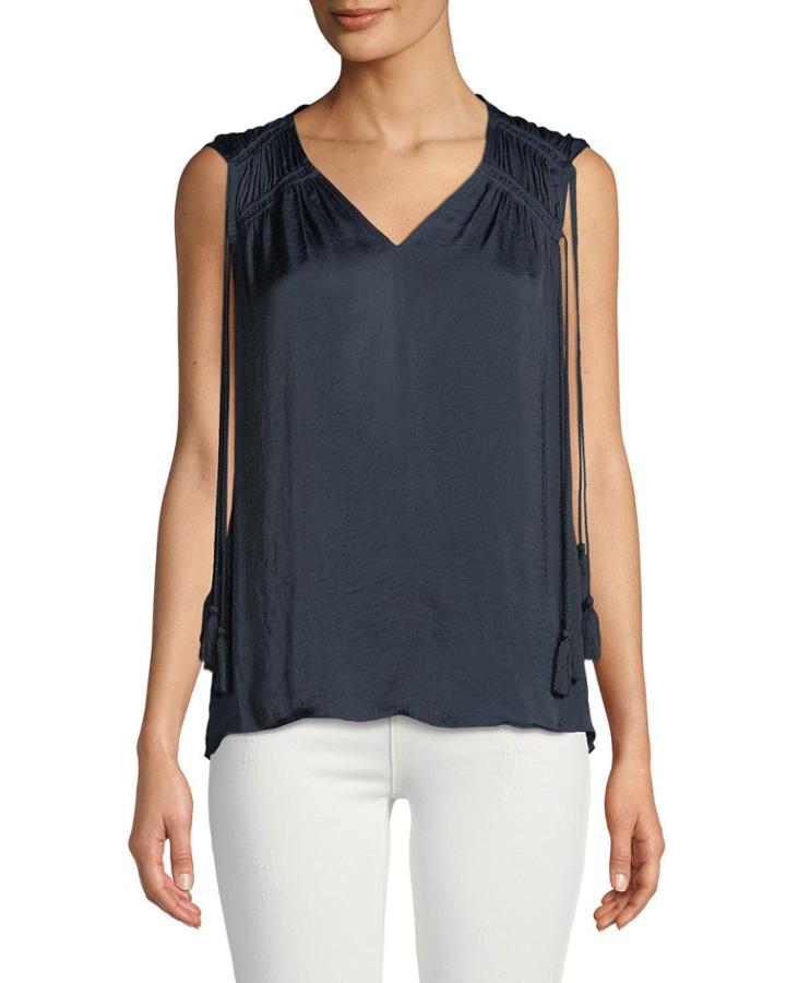 Ruched-shoulder V-neck Blouse